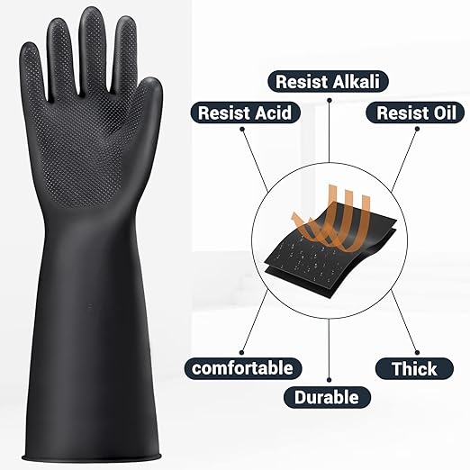 Thick Chemical Resistant Gloves, 3 Pairs 18" Long Anti Slip Diamond Grip Black Waterproof Alkali/Acid/Oil Resistant Reusable Heavy Duty Rubber Gloves for Cleaning, Dishwashing, Gardening