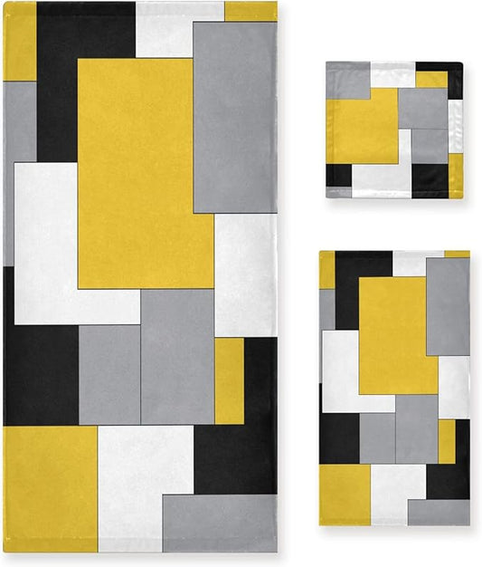 Yellow Black Geometric Bath Towels Set,Ultra Soft 3 Piece White Grey Abstract Modern Towels for Bathroom,1 Bath Towel 1 Hand Towel 1 Washcloth,Absorbent Quick Dry Decoractive Bathroom Towels