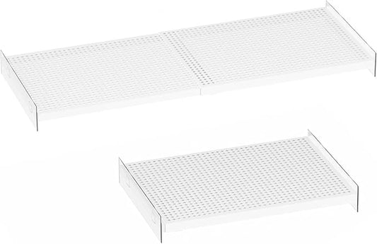 Expandable Closet Tension Shelves Organizers, Adjustable Shelf for Cabinet Rack Storage Wardrobe Divider Shelving for Pantry 2 Pack (Perforated White,W11.81 x L: 17" to 31")