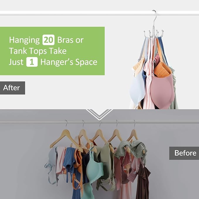 2 Pack Tank Top Hanger, Rotatable Bra Hanger for Closet, Max 24 Capacity Metal Tank Top Holder Storage Space Saving Sport Bra Organizer, Silver