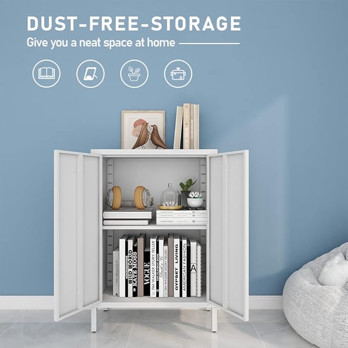 White Metal Locker Storage Accent Cabinets with 2 Adjustable Shelves, 3 Tier Metal Storage Cabinet with Legs, Steel Cupboard Lockers for Kids Bedroom, Home, Office, Entryway, Kitchen