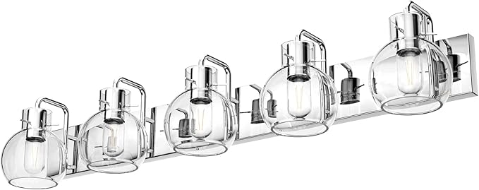 Tipace 5 Lights Stainless Steel Modern Bathroom Vanity Light Fixtures Over Mirror Chrome Industrial Vanity Lights with Globe Clear Glass Farmhouse Bath Lighting(Exclude Bulb)