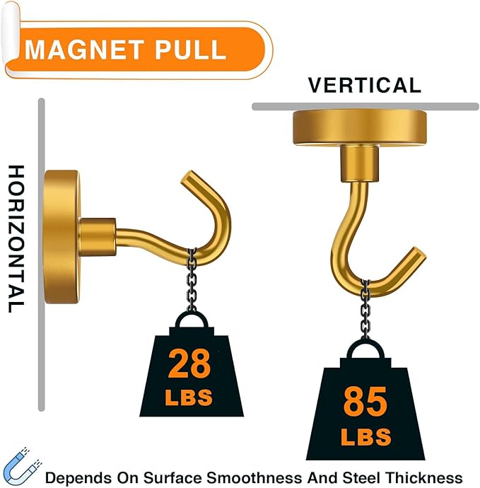 MIKEDE Magnetic Hooks Heavy Duty, 85Lbs Strong Magnets with Hooks for Cruise, Super Neodymium Earth Magnets Hooks for Refrigerator Hanging, Magnetic Hanger for Cabins, Grill (Yellow, 10 Pack)