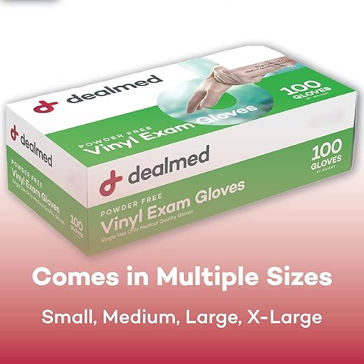 Dealmed Vinyl Exam Gloves – Disposable Non-Irritating Medical Gloves, Latex Free, First Aid Kits and Medical Facilities, 100 Count (X-Large Pack of 1)