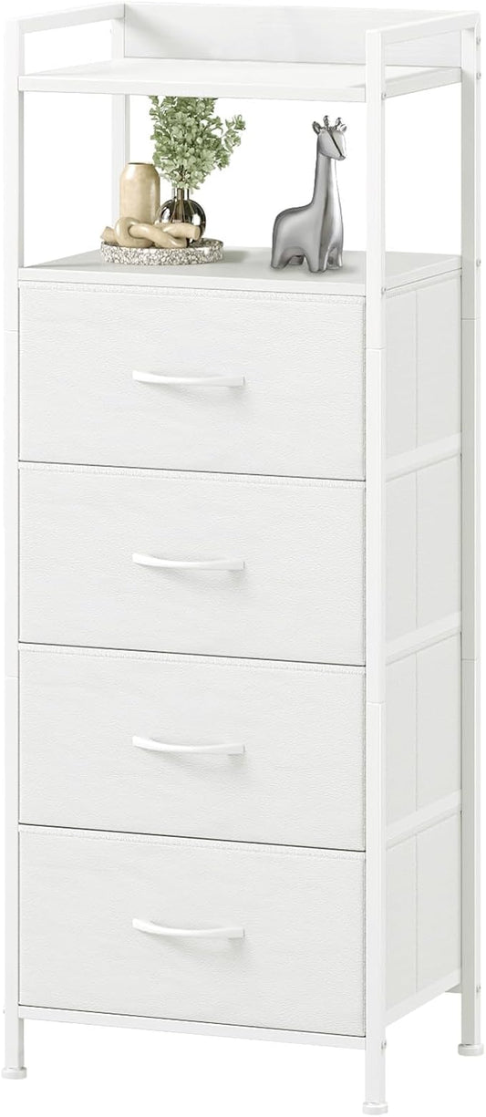 Somdot White Nightstand with 4 Drawers, Vertical Storage Tower Fabric Dresser for Bedroom, Nightstand Bedside Table Furniture, Sturdy Steel Frame, Wooden Top & Easy Pull Fabric Bins