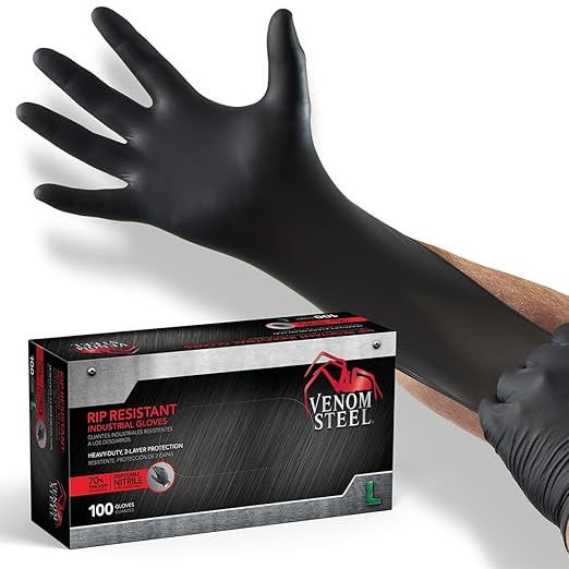 Venom Steel Industrial Nitrile Gloves,Chemical Resistant Disposable Black Gloves,Latex-Free,Powder-Free,Textured Grip,Heavy Duty Two-Layer Protection,6 mil,Large,(Pack of 1000)