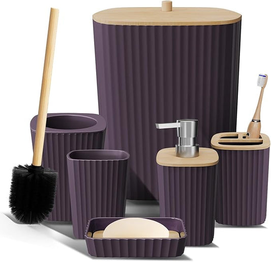 Clara Clark Bathroom Set - Purple Bathroom Accessories Set, 6PC Bathroom Accessory Set, Bathroom Sets with Toilet Brush, Trash Can & Soap Dispenser
