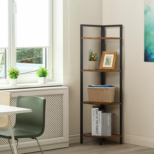 CAPHAUS 4 Tier Corner Shelf, 46.5-Inch Tall Bookshelf, Display Rack With Metal Frame, Round Shelf Unit, Small Stand for Bathroom, Living Room, Home, Office, Rustic Oak