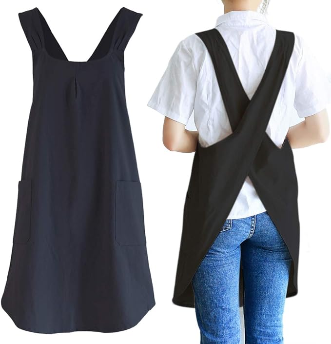 NEWGEM Japanese Linen Cross Back Cooking Aprons for Women Men with Pockets Cute for Baking Kitchen
