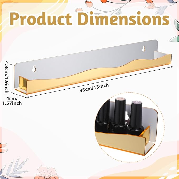6 Pack Gold Reflective Acrylic Shelves, 15 Inch Wall-Mounted Nail Polish Organizer Rack Mirror Finish Makeup Essentials Storage Multi-Purpose Display Holder for Small Space Vanity Bathroom