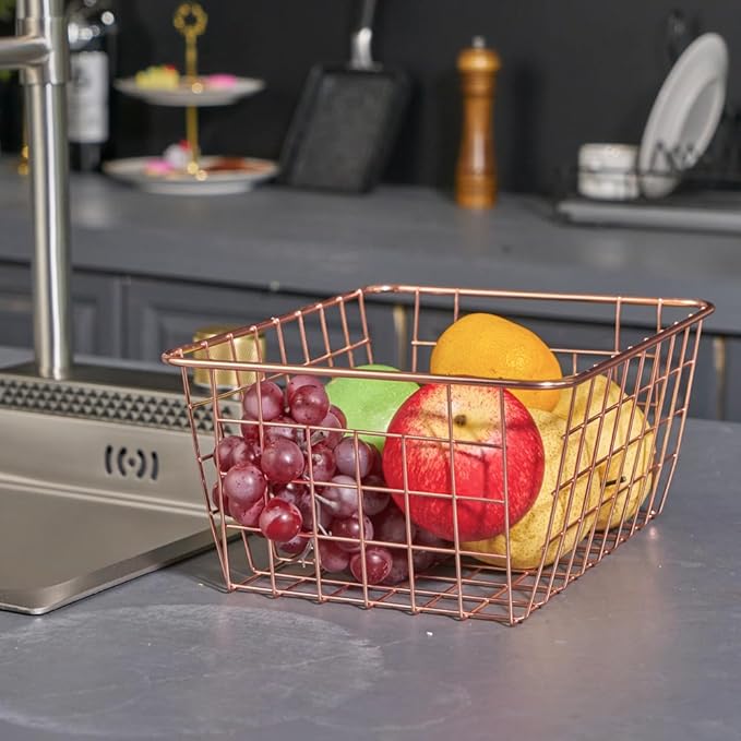 Wire Kitchen Storage Basket 4 Packs,Perfect Pantry Organization Accessories Basket,Laundry Baskets,Countertop Organization,Suitable for Kitchen,Bathroom,Bedroom,Tabletop,Stackable,Black