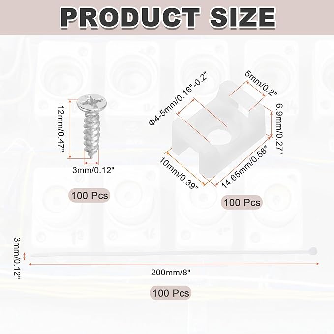 MECCANIXITY 60pcs 0.58" Cable Tie Saddle Type Mounts Base with 8" Cable Zip Ties and M3 Tapping Screws, Wire Organizer Holder Clamps Set, White