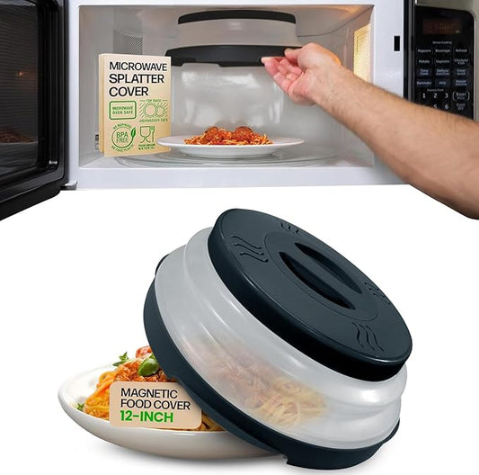 HOVER COVER High Power Magnetic Microwave Splatter Cover with Strongest Magnetic Grip, Collapsible 12-Inch BPA-Free Food Lid, Vented Plate Guard, Dishwasher Safe Space-Saving Storage - Black