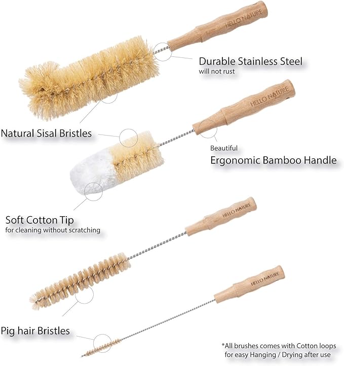 4 Pcs Bamboo Bottle Brush Set by HELLO NATURE – Long Handle Cleaning Brushes for Water Bottles, Baby Bottles & Glassware, Sustainable & Plastic-Free