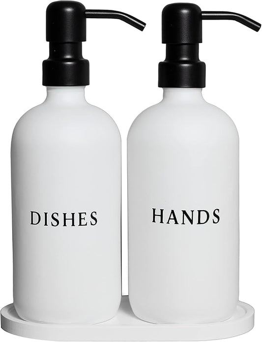 Glass Hand and Dish Soap Dispenser Set with Bamboo Tray – 16 oz Kitchen Soap Dispenser Set, Black Pumps, Silicone Funnel – Modern Farmhouse Kitchen Sink Decor and Accessories
