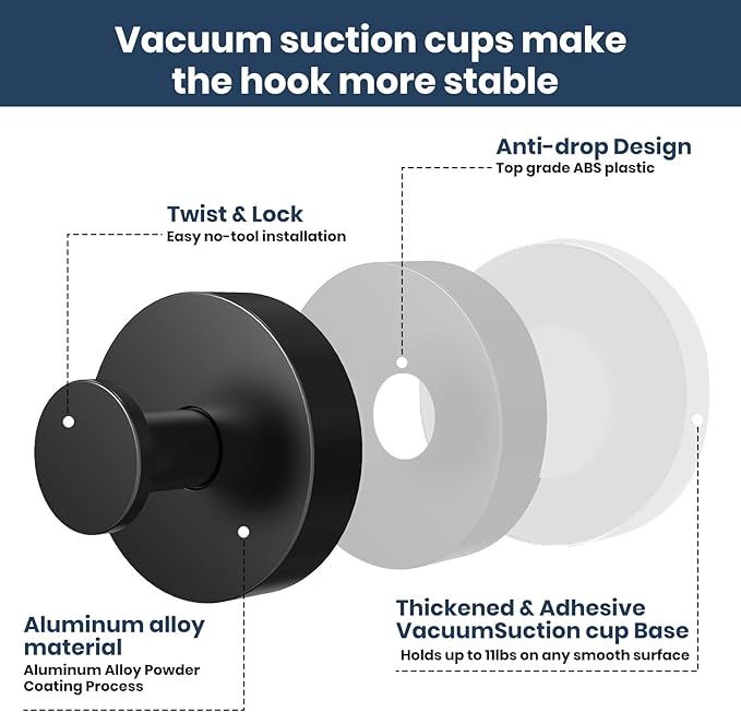 Vacuum Suction Cup Hooks for Shower 4 Pack, Heavy Duty Aluminum Alloy Towel Hooks for Bathroom Kitchen Glass Tile Mirror Wall No Drill Removable Robe Loofah Coat Suction Hooks Hanging-Black
