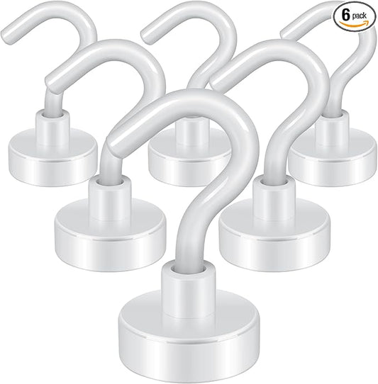 Neosmuk Magnetic Hooks,30lb+ Heavy Duty Earth Magnets with Hook for Refrigerator, Extra Strong Cruise Hook for Hanging, Magnetic Hanger for Cabins, Grill (White, 6 Pack)