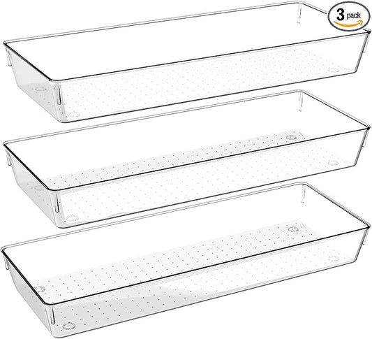 3 Pcs Large Clear Drawer Organizer Set, 15" X 6" Desk Drawer Organizers Trays with Non-Slip Silicone Pads, Storage Bins for Makeup, Office, Kitchen Gadgets Utensils, Bedroom, Tools, Bathroom