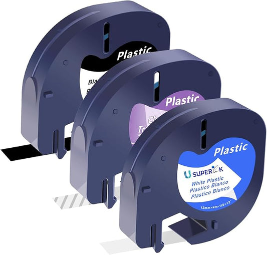 3 Pack Plastic Letra Tag Label Tape Black on White/Clear, White on Black Compatible for Dymo Label Maker Refills 12mm x 4m for Dymo Letra tag Refills LT100H LT100T 200B QX50