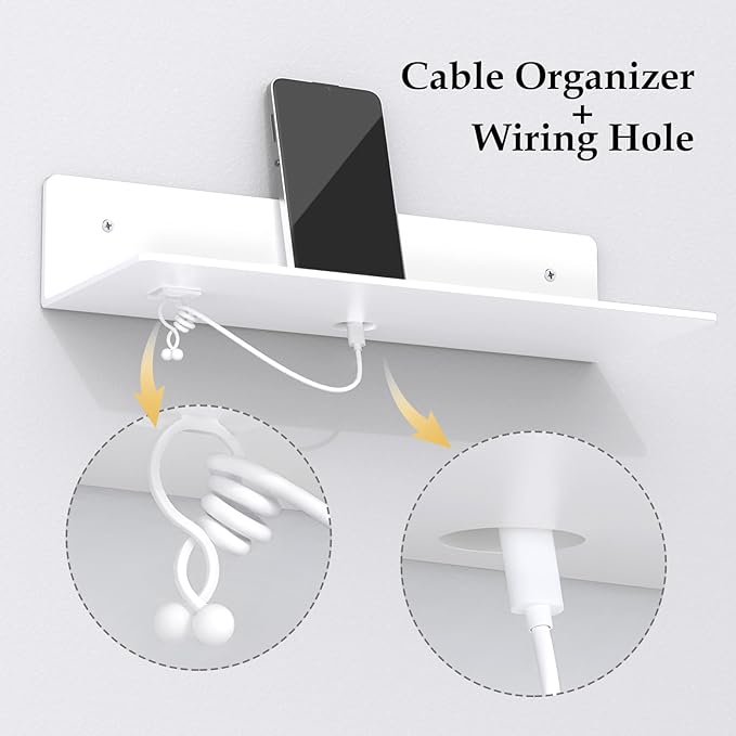 12" White Acrylic Floating Shelves, 4 Pack with Cable Clips, Small Floating Shelf for Expand Wall Display Space in Living Room, Bathroom, Gaming Room, Dorm Wall Decor