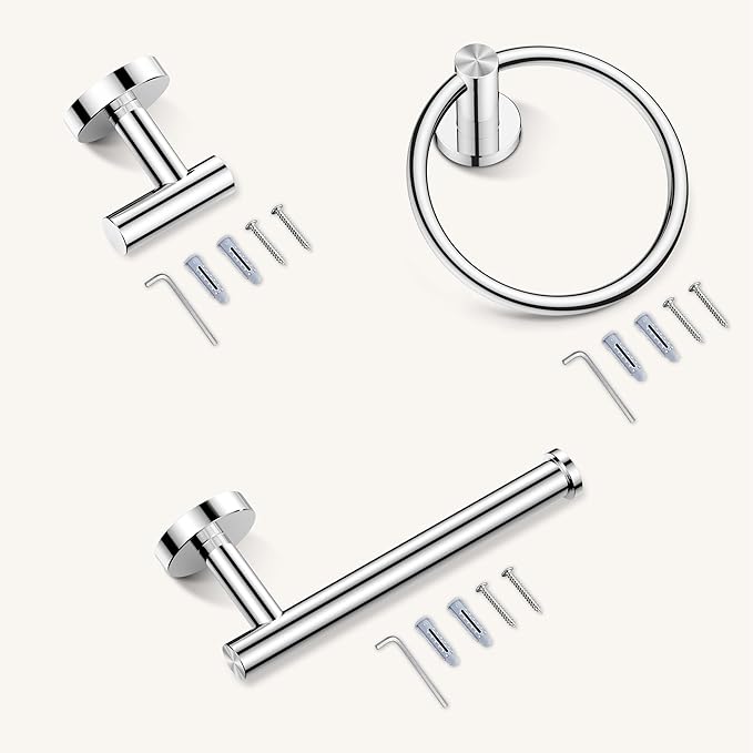 FORIOUS 4 Piece Bathroom Accessories, SUS304 Stainless Steel Toilet Paper Holder, Towel Ring and 2 Towel Hooks, Wall Mounted Bathroom Hardware Set (Chrome)