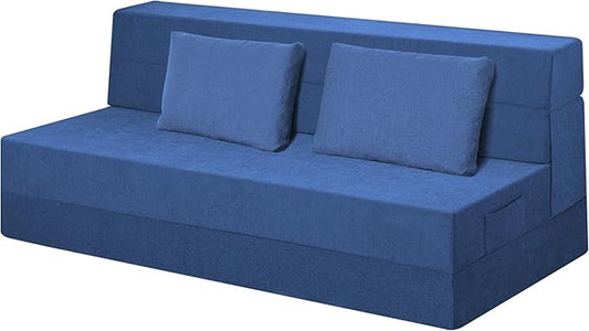 Folding Sofa Bed Chair with Pillow,Convertible Fold Out Chair Bed Sleeper,Foam Floor Mattress, Foldable Futon Couch Bed for Living Room/Dorm/Guest/Office (Blue, Queen)