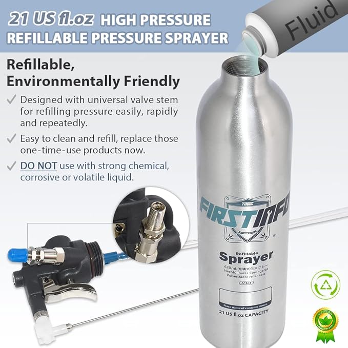 FIRSTINFO Patented Max. Pressure 140psi / 620ml Thickened Aluminum Canister Refillable High Pressure Aerosol Spray Can w/Storage Holder