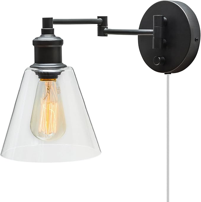 Globe Electric 65311 1-Light Plug-in or Hardwire Industrial Wall Sconce, Dark Bronze Finish, On/Off Rotary Switch, 6ft Clear Cord, Clear Glass Shade, Wall Lights for Living Room, Apartment Essentials