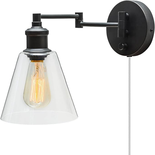 Globe Electric 65311 1-Light Plug-in or Hardwire Industrial Wall Sconce, Dark Bronze Finish, On/Off Rotary Switch, 6ft Clear Cord, Clear Glass Shade, Wall Lights for Living Room, Apartment Essentials