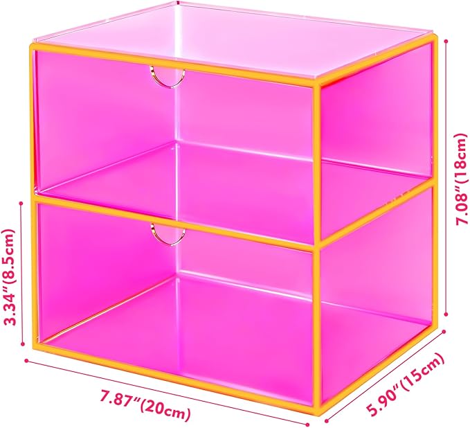 Acrylic Desk Organizer with Drawers Stackable Makeup Organizer for Vanity Office Countertop Cosmetic Display Cases Makeup Storage Box, Neon Pink