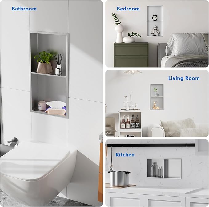 QAOYEDE Shower Niche Insert No Tile Needed, 24"x12" Stainless Steel Niche for Shower Wall, Recessed Showers Shelf for Bathroom Storage 2 Layer,Brushed Nickel