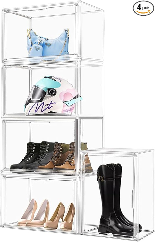 4 Pack XXX-Large Clear Purse Organizers for Closets 17.7"x13"x13" Acrylic Display Case Clear Shoes Storage Box Stackable Handbag Storage Organizers Helmet Display Cabinet Storage Bins with Lid