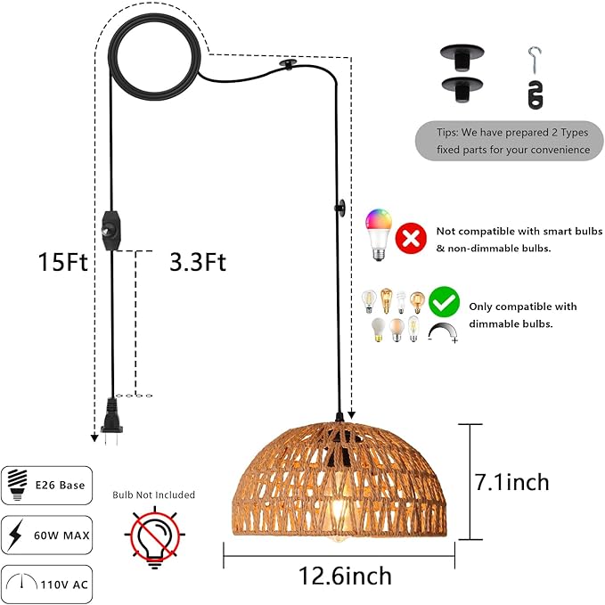 HuisMier Rattan Hanging Lamp Plug in Pendant Light with 15 Ft Plug in Cord, Wicker Woven Basket Lampshade Hanging Light with Dimmable Switch, Boho Plug in Pendant Light for Kitchen Farmhouse Bedroom