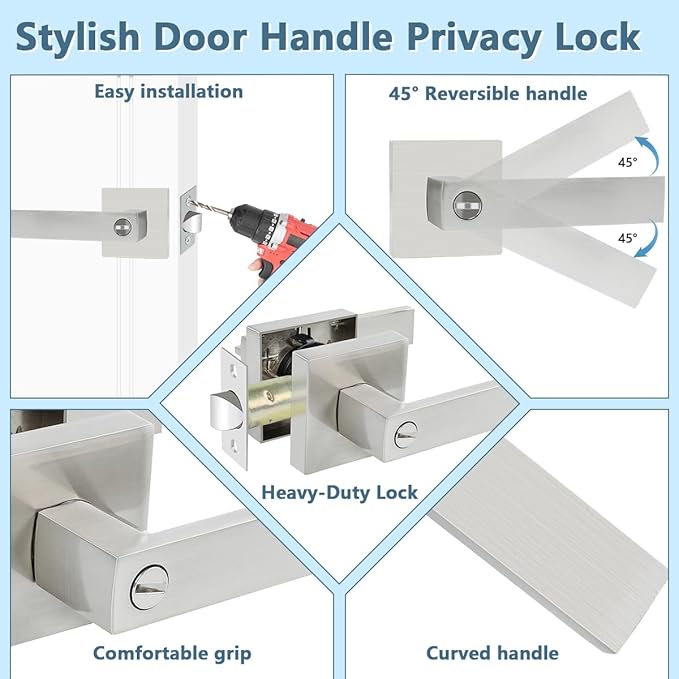 KAMOTA Privacy Door Levers, 6 Pack Satin Nickel Door Handles Bed and Bath Door Locks Interior Keyless Locksets, Left and Right Hand Reversible