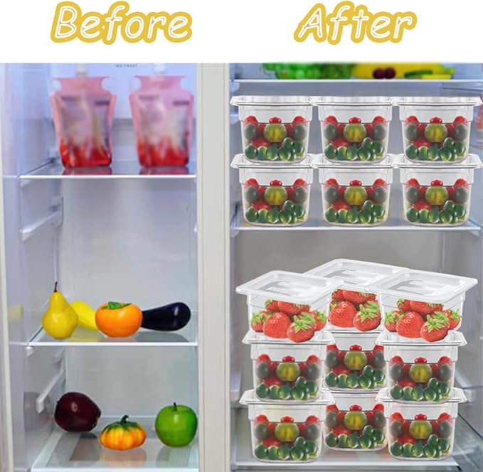 12PCS Clear Food Storage Container 1/6 Size 6 Inch Deep Plastic Food Pan with Lids Salad Bar Containers for Restaurant,Commercial,Hotel,Fruits,Vegetables,Beans