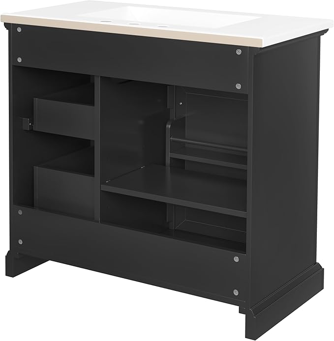 Christopher Knight Home Meril Bathroom Vanity with Ceramic Sink, Wooden Bathroom Storage Cabinet, Pedestal Sink Storage Cabinet, Bathoom Vanity Organizer, Adjustable Door Shelves+Drawer, Black