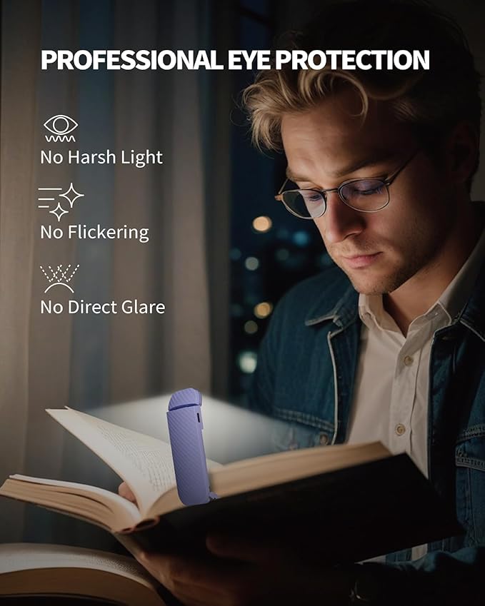Book Reading Light, 2 Pack Rechargeable Clip on Booklight, Eye Caring 3 Color Temperatures & 5 Brightness Levels, Night Use for Bed, Long Lasting, Reading at Night in Bed, Purple+Purple
