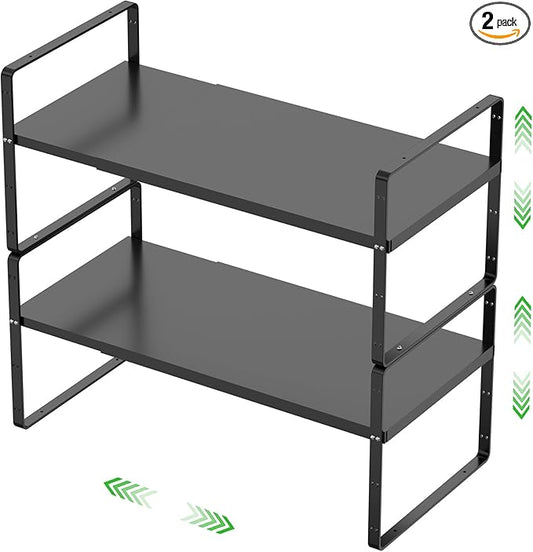 Expandable Cabinet Storage Shelf Stackable Organizer Rack for Kitchen Bathroom Pantry Spice Cupboard Countertop Home Office Desk Heavy Duty Nonslip Black Large 2 PACK