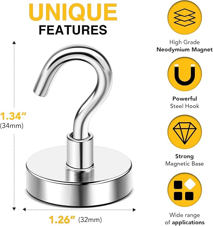 DIYMAG Magnetic Hooks,10pack Magnet Hook Essentials Strong Heavy Duty Magnetic Hooks for Kitchen Refrigerator Hanging Classroom Cruise Cabins Accessories Hooks Silver