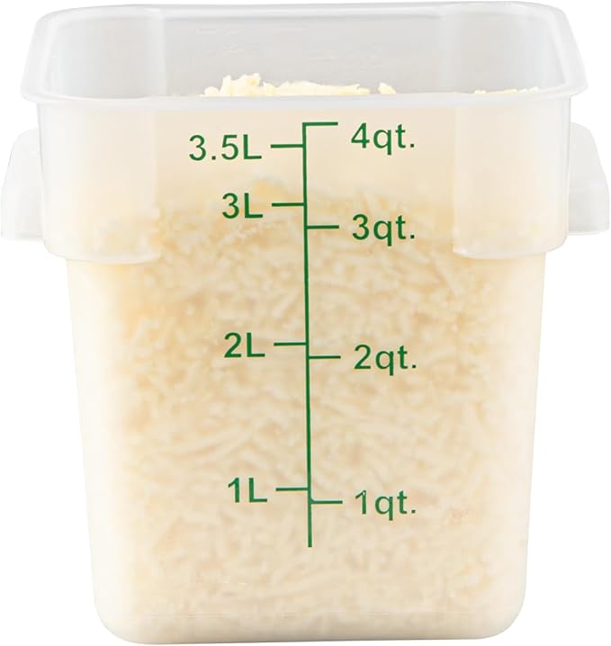 Restaurantware Food Storage Container 1 Pack of 4 qt Plastic Kitchen Storage Bin with Volume Markers Space-Efficient Design Dishwasher-Safe Polypropylene Translucent