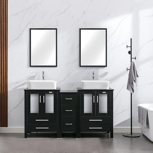 eclife 60" Modern Bathroom Vanity Sink Combo Freestanding Cabinet with Small Side Cabinet, White Rectangle Ceramic Vessel Sink, Water Save Faucet, Drain (Black+T03)