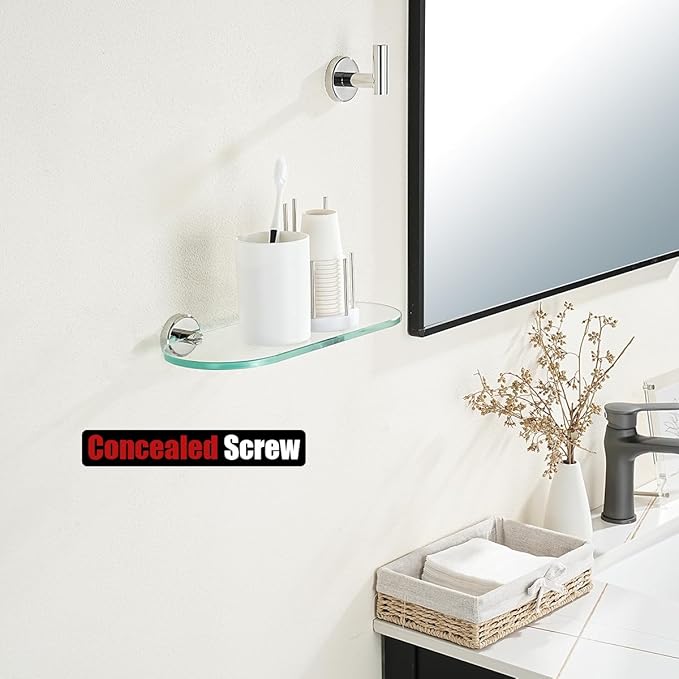 JQK Bathroom Glass Shelf, Floating Tempered Glass Shower Storage 12 by 5 inches, 304 Stainless Steel Polished Chrome Wall Mount 2 Pack, TGS121L12-CH-P2