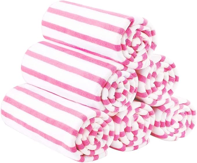 Beach Towels, Microfiber Bath Towel (6 Pack, 30" x 60") Cabana Stripe Absorbent and Quick Dry Bath Towel Set for Adults, Travel, Summer Holiday, Sport, Swimming, Pool, Yoga, Camping, Stripe Pink