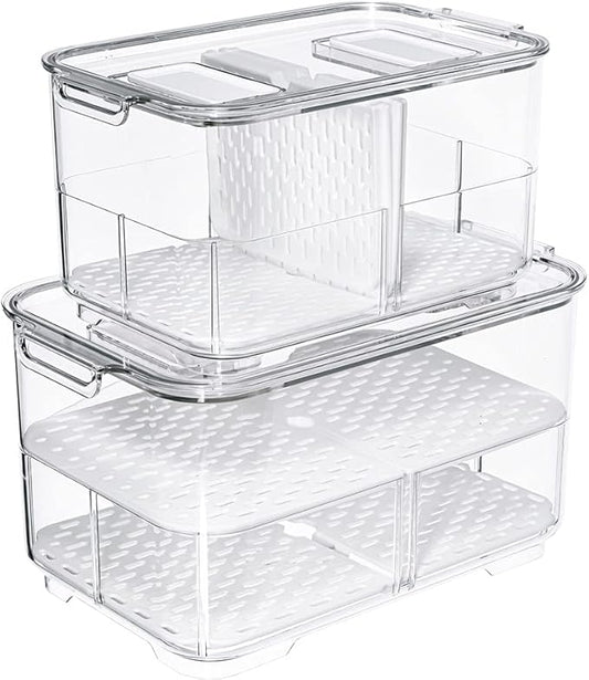 SANNO Vegetable Fruit Containers Fridge Food Storage Produce Saver Container Stackable Refrigerator Freezer Organizer Fresh Keeper Drawers Organizer set of 2