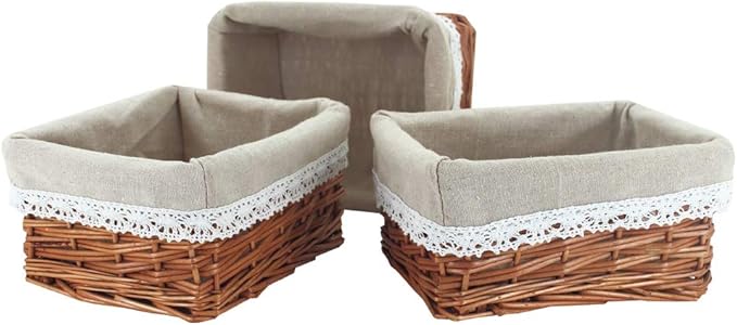 KINGWILLOW Wicker Storage Basket with Liner 3pcs Small Willow Rectangular Handmade Basket for Sundries neatening, (3pcs)