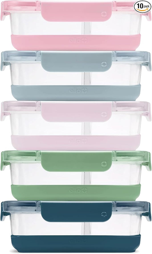 Ello Duraglass Refresh 3.4 Cup Divided Meal Prep Set 10Pc, 5 Pack, 2 Compartment Glass Food Storage Container with Silicone Boot and Airtight BPA-Free Plastic Lids, Dishwasher & Microwave Safe, Glade