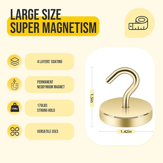 Neosmuk Magnetic Hooks, Heavy Duty 170lb Strong Magnets for Cruise Cabins, Ship Essentials, Large Metal Hooks for Hanging on Fridge(Gold,Pack of 4)