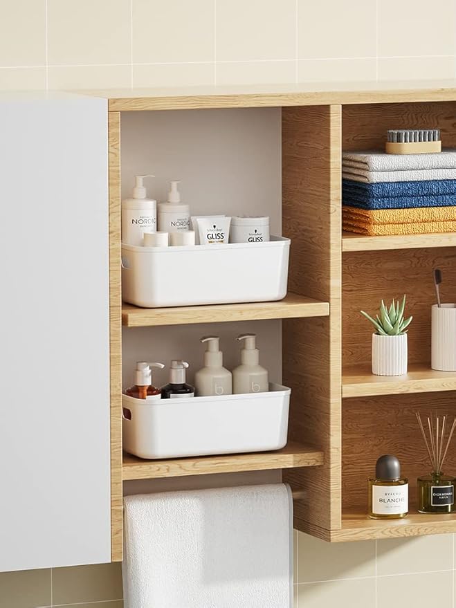 White Plastic Bins/Storage Organizers - Pantry Baskets, Bins for Shelves, Organizer and Storage for Bathroom, Bedrooms, Kitchens and More - Medium Size (3 Pack)
