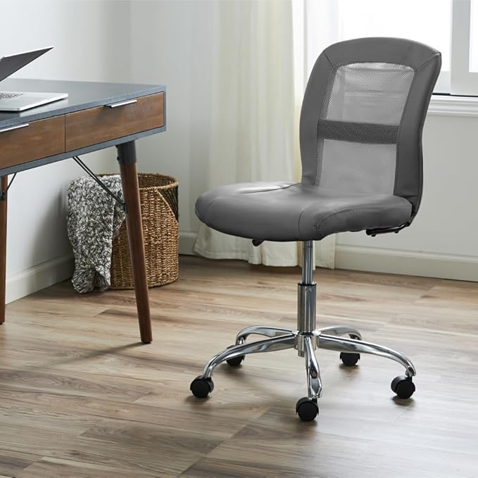 Serta Essential Armless Task Chair, Small Desk Chairs with Wheels, Breathable Mesh Back and Faux Leather, Quality Foam Cushion Seat for Comfort, Minimal Design for Vanity Table, Gray