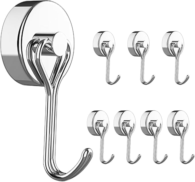 Donanim Magnetic Hooks,Heavy Duty 30LBS 8 Pack Neodymium Magnet Hook Hold for Kitchen Tools Hanging, Refrigerator, Grill, Kitchen, Key Holder, Silver